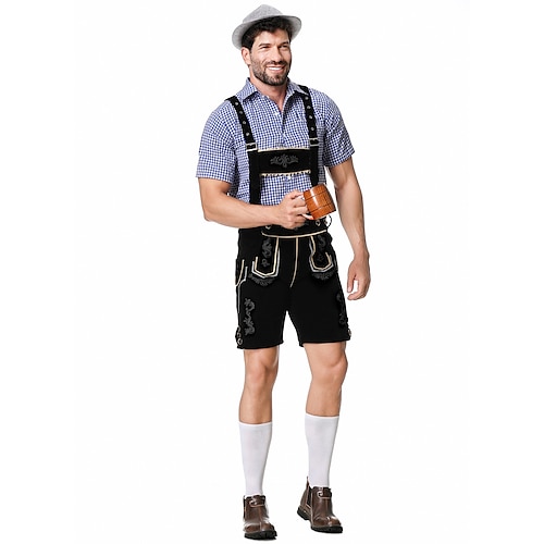  Μπύρα Oktoberfest Στολές Lederhosen Πουκάμισο βαυάρος βαυάρος Γερμανικά Λιβάδια Ανδρικά Πανί παραδοσιακού στυλ Μπλούζα Κοντά Παντελονάκια Καπέλο
