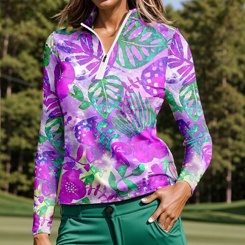 

Damen poloshirt Golfhemd Atmungsaktiv Schnelltrocknend Feuchtigkeitsableitung Langarm Golfbekleidung Golfkleidung Regular Fit Zip Stehkragen Blatt Frühling Herbst Tennis Golfspiel Pickleball