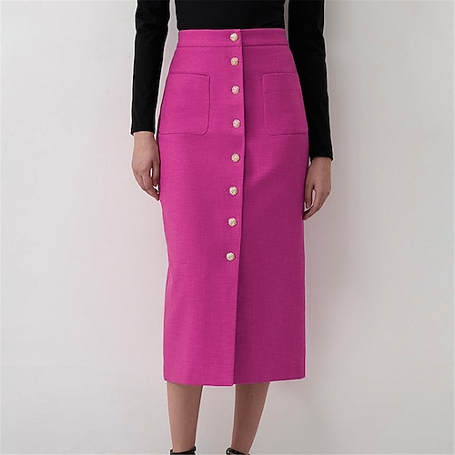 

Falda de mujer recta midi botón faldas rosas otoño e invierno bolsillo moda elegante calle diario s m l