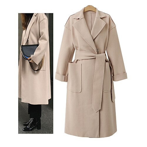 

Women's Wool Blend Coat Long Overcoat Single Breasted Lapel with Belt Fall Trench Coat with Pockets Winter Windproof Warm Pea Coat Stylish Casual Street Jacket Long Sleeve Black Khaki Beige Outerwear