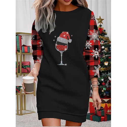 

Vestido informal de Navidad para mujer, vestido de sudadera, minivestido, cálido, moda, vacaciones al aire libre, cuello redondo, estampado, sombrero, corte holgado, negro, rojo vino, s, m, l, xl, xxl