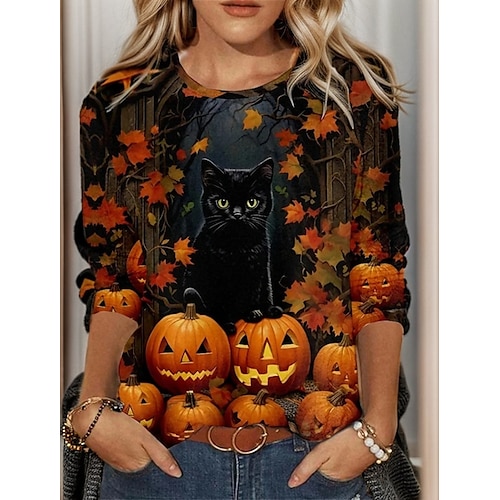 

Women's T shirt Tee Halloween Shirt Orange Cat Pumpkin Print Long Sleeve Halloween Weekend Festival / Holiday Round Neck Regular Fit Cat Painting Spring & Fall