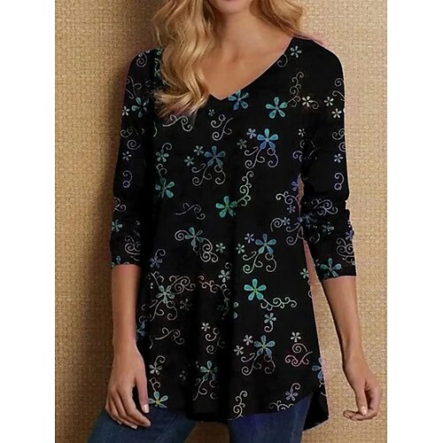 

Damen T Shirt Schwarz Blume Bedruckt Langarm Täglich Basic V Ausschnitt Regular Fit Frühling Herbst