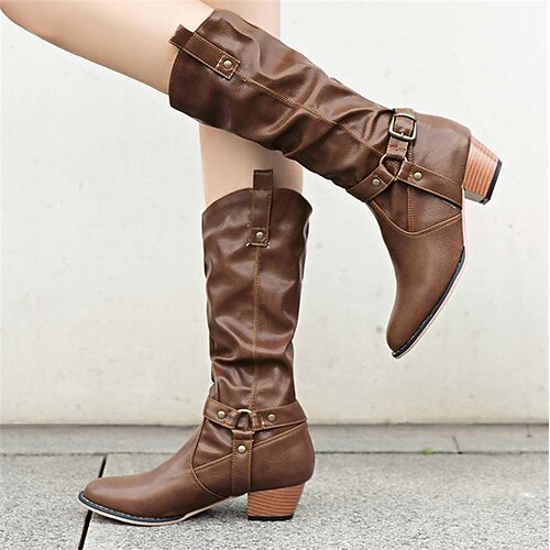 

Femme Bottes Bottes souples Grandes Tailles du quotidien Talon bloc Talon Plat Bout rond Rétro Vintage Mode Polyuréthane Fermeture Couleur unie Noir Marron Kaki