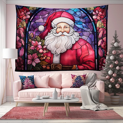 

Christmas Stained Glass Santa Hanging Tapestry Wall Art Large Tapestry Mural Decor Photograph Backdrop Blanket Curtain Home Bedroom Living Room Decoration