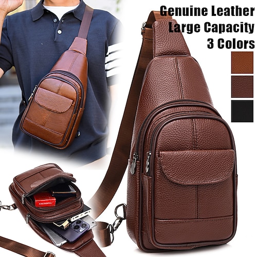 Men's Chest Bag Crossbody Leather Shoulder Bag for Sports or Leisure  Backpacks (Dark Brown 1)
