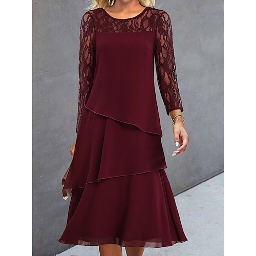 

Women's Party Dress Lace Dress Cocktail Dress Midi Dress Wine Navy Blue Long Sleeve Pure Color Lace Spring Fall Winter Crew Neck Fashion Wedding Guest Vacation 2023 S M L XL XXL 3XL