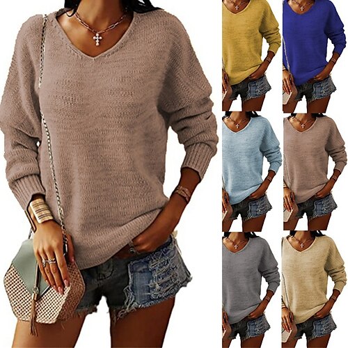 

Mujer Suéter de punto Puente Estriado Tejer Regular De Gran Tamaño Color sólido Escote en Pico Elegante Casual Exterior Diario Otoño Invierno Amarillo Rosa S M L