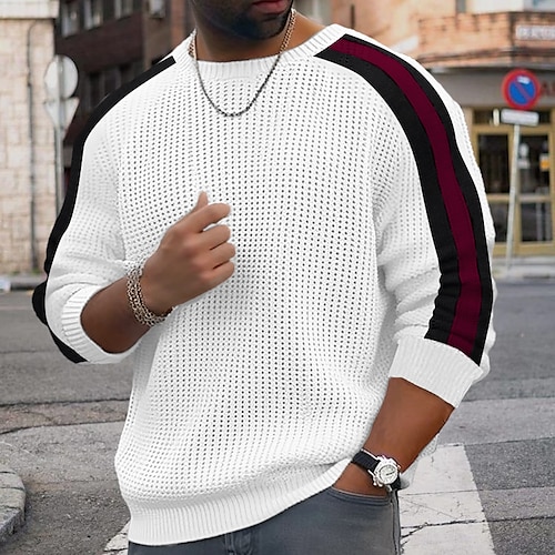 

Men's Sweater Pullover Ribbed Waffle Knit Knitted Color Block Crew Neck Keep Warm Modern Contemporary Daily Wear Going out Clothing Apparel Fall & Winter Black White M L XL