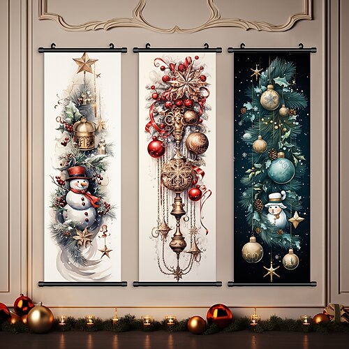 

1pc Christmas Poster with Hangers Snowman Christmas Bells And Tree Poster Deer Ornament For Room Painting Canvas Posters Art For Home Living Room Decoration Wall Art Decor