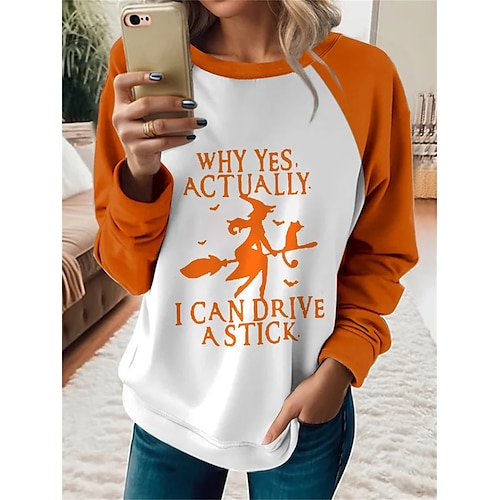 

Women's Halloween Sweatshirt Pullover Active Sportswear Orange Graphic Letter Halloween Casual Round Neck Long Sleeve Top Micro-elastic Fall Winter