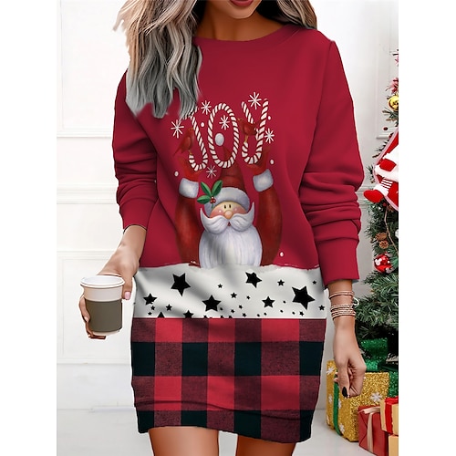 

vestido feminino casual de natal vestido moletom mini vestido quente moda ao ar livre férias gola redonda estampa papai noel corte solto preto vermelho bege s m l xl xxl