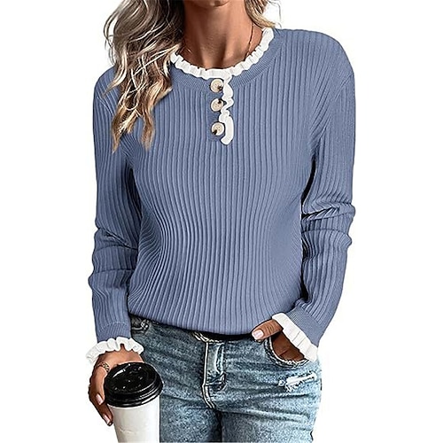 

Mulheres Pulôver suéter Saltador Estriado Tricotar Curto Frufru Patchwork Côr Sólida Gola Redonda à moda Casual Diário Para Noite Outono Inverno Preto Rosa S M L