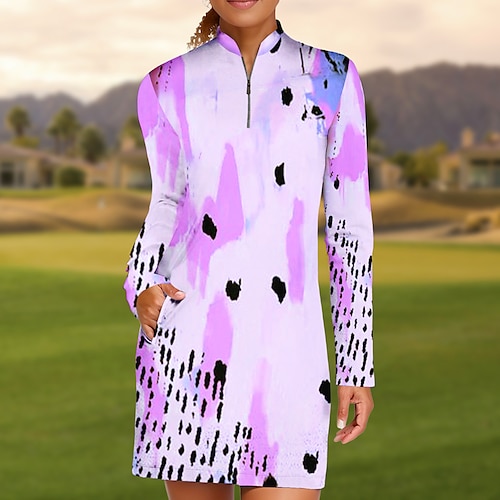 

Women's Tennis Dress Golf Dress Breathable Quick Dry Moisture Wicking Long Sleeve Tennis Outfit Tennis Clothing 1/4 Zip Stand Collar Printed Spring Autumn / Fall Tennis Golf Pickleball