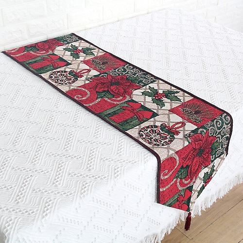 

Christmas Table Runner Wreath Table Runner with Tassels Yarn-dyed Jacquard Table Runner for Holiday Party Dinner Dining Room Christmas Decorations