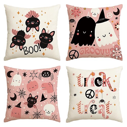 

Halloween Pink Pumpkin Double Side Pillow Cover 4PC Soft Decorative Square Cushion Case Pillowcase for Bedroom Livingroom Sofa Couch Chair