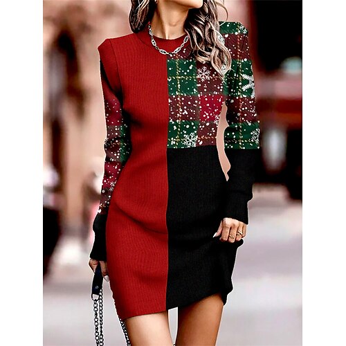 

Damen-Weihnachtspulloverkleid, Winterkleid, Freizeitkleid, Etuikleid, Minikleid, warm, geometrisch, Farbblock, für den Alltag, Urlaub, Rundhalsausschnitt, langärmelig, 2023, normale Passform,