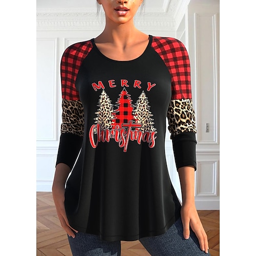 

Women's T shirt Tee Christmas Shirt Black Leopard Plaid Christmas Tree Print Long Sleeve Christmas Weekend Festival / Holiday Round Neck Regular Fit Painting Spring Fall