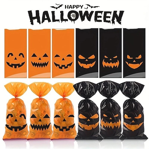 

300 bolsas de papel de calabaza de Halloween para fiestas, bolsas de regalo de dulces, bolsas de truco o trato de Halloween, bolsas de regalo de color naranja para decoraciones de Halloween, suministros de fiesta de cumpleaños