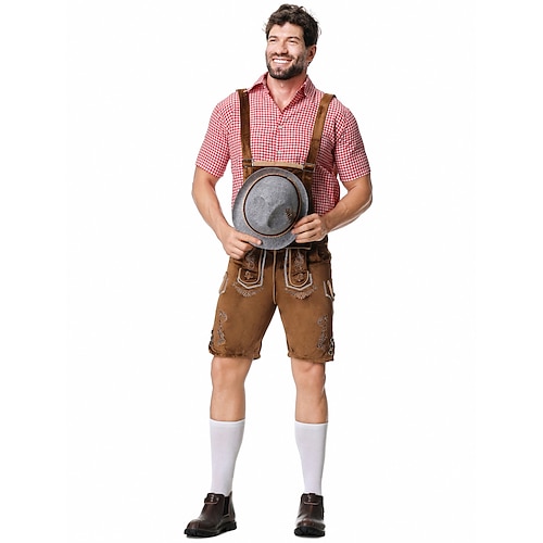  Μπύρα Oktoberfest Στολές Lederhosen Πουκάμισο βαυάρος βαυάρος Γερμανικά Λιβάδια Ανδρικά Πανί παραδοσιακού στυλ Μπλούζα Κοντά Παντελονάκια Καπέλο