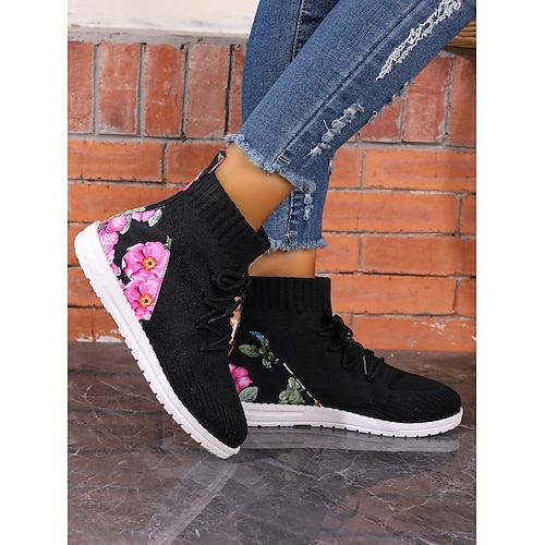 

Mulheres Botas Sapatos de impressão Sapatos Flyknit Botins Botins Ao ar livre Diário Botas Botas Tornozelo Sem Salto Ponta Redonda Casual Conforto Tecido elástico Mocassim Floral Preto Branco Marron