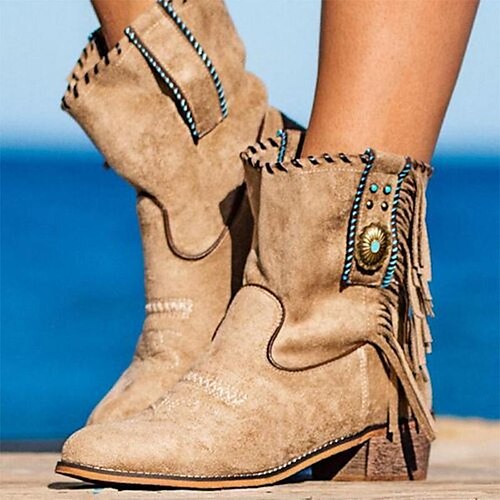 

Damen Stiefel Wildlederschuhe Cowboy Westernstiefel Slouchy-Stiefel Outdoor Täglich Stiefeletten Stiefeletten Quaste Blockabsatz Runde Zehe Vintage Elegant Wanderschuhe Wildleder Reißverschluss Feste