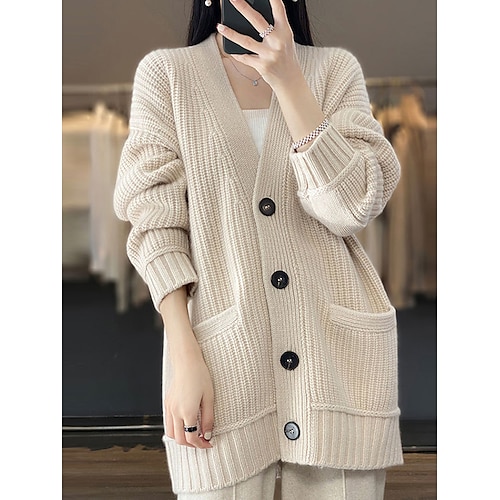 

Mujer Chaqueta de Punto Puente Estriado Tejer Regular Botón Bolsillo Color sólido Escote en Pico Elegante Casual Exterior Diario Otoño Invierno Color Camello Beige Tamaño Único