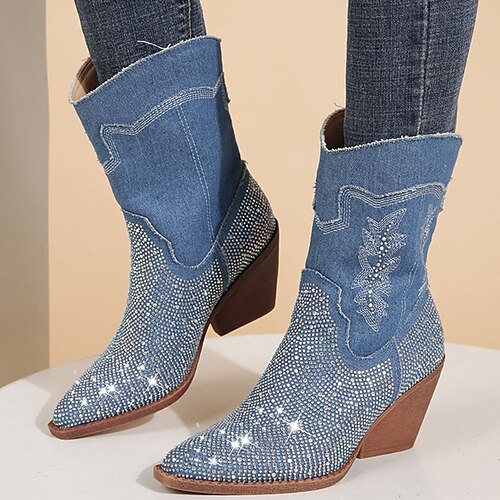 

Women's Boots Cowboy Boots Plus Size Vintage Shoes Outdoor Work Daily Mid Calf Boots Winter Rhinestone Embroidery Block Heel Chunky Heel Pointed Toe Fashion Elegant Classic Denim Embroidered Black