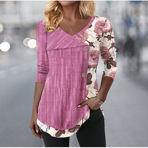 

Mujer Camiseta Rosa Floral Botón Estampado Manga Larga Festivos Fin de semana Moda Escote en Pico Ajuste regular Flor Pintura Primavera Otoño