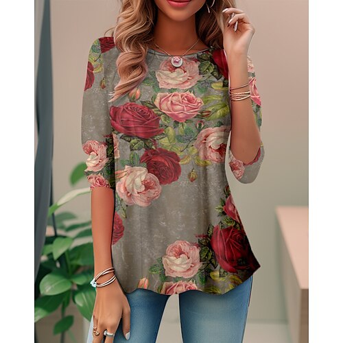 

Damen T Shirt Grau Blumen Bedruckt Langarm Festtage Wochenende Modisch Rundhalsausschnitt Regular Fit Blume Farbe Frühling Herbst