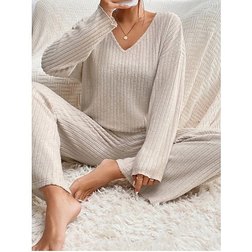 

Women's Loungewear Sets Pure Color Casual Comfort Soft Home Daily Vacation Knit Breathable V Wire Long Sleeve Sweater Pant Fall Winter Home Outfits