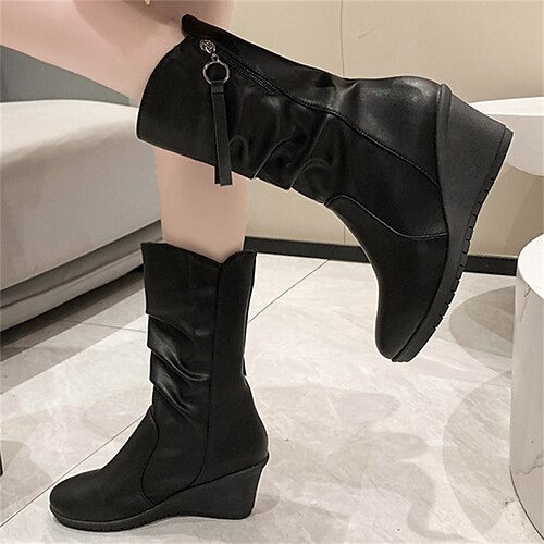 

Mujer Botas Botas holgadas Tallas Grandes Exterior Diario Botas a media pierna Tacón Cuña Dedo Puntiagudo Elegante Casual Minimalismo Cuero Sintético Cremallera Color sólido Negro