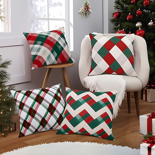 

Housse de coussin double face à carreaux de noël, taie d'oreiller carrée décorative douce, pour chambre à coucher, salon, canapé, chaise, 4 pièces