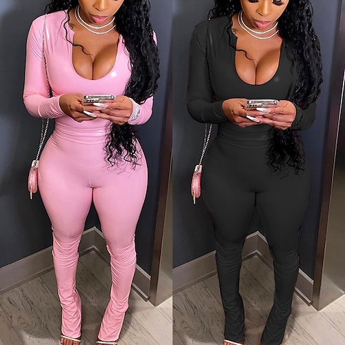 

Mulheres Blusa Preto Rosa Côr Sólida Manga Longa Bandagem Bagels Sensual Decote U Delgado Primavera Outono