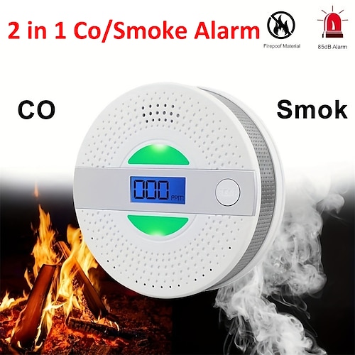 

Detector de humo y monóxido de carbono, combinación de humo con sensor dual alimentado por batería Alarma de co con indicador LED de pantalla LCD y alerta de sonido fuerte