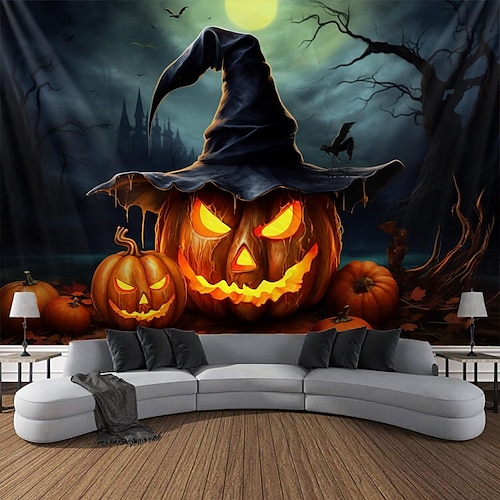 

Abóbora de halloween pendurado tapeçaria arte da parede grande tapeçaria mural decoração fotografia pano de fundo cobertor cortina casa quarto sala de estar decoração decorações de halloween