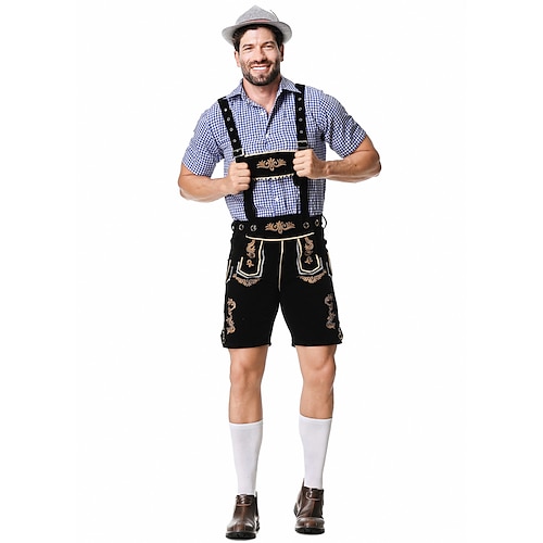  Μπύρα Oktoberfest Στολές Lederhosen Πουκάμισο βαυάρος βαυάρος Γερμανικά Λιβάδια Ανδρικά Πανί παραδοσιακού στυλ Μπλούζα Κοντά Παντελονάκια Καπέλο