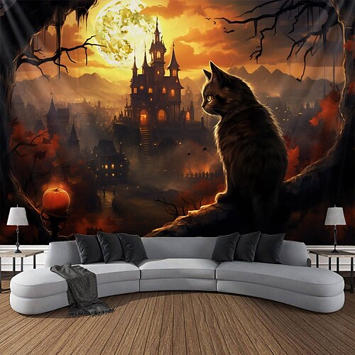 

Tapiz colgante de gato de calabaza de Halloween, arte de pared, tapiz grande, decoración mural, fotografía, telón de fondo, manta, cortina, hogar, dormitorio, sala de estar, decoración, decoraciones