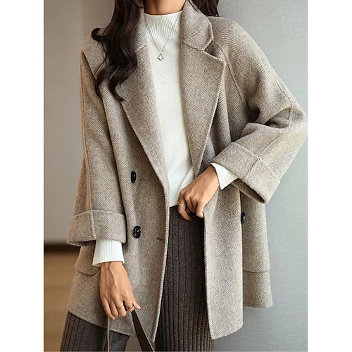 

Women's Blazer Pea Coat Winter Long Wool Blend Coat Double Breasted Lapel Overcoat Fall Warm Stylish Casual Street Jacket Long Sleeve Plain with Pockets Pink Blue Brown