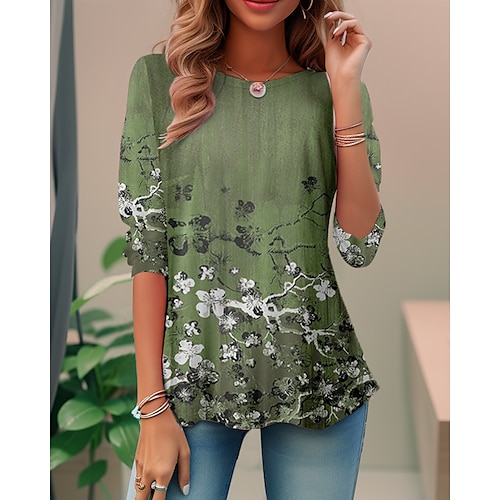 

Damen T Shirt Grün Blumen Bedruckt Langarm Festtage Wochenende Modisch Rundhalsausschnitt Regular Fit Blume Farbe Frühling Herbst