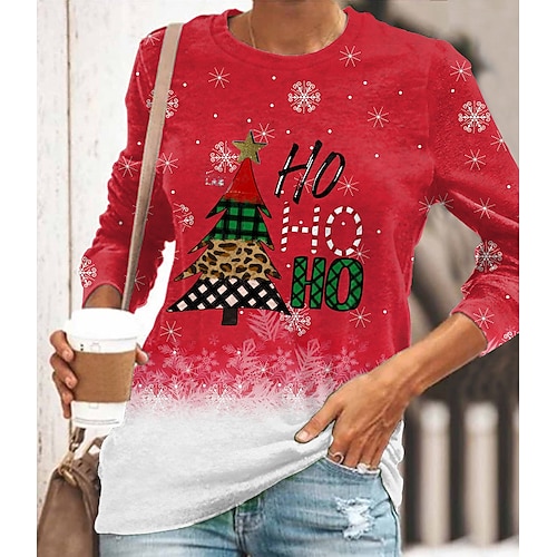 

Femme T shirt Tee Chemise de Noël Rouge Léopard Plaid Arbre de Noël Imprimer manche longue Noël Fin de semaine Fête / Célébration Col Rond Standard Peinture Printemps Automne