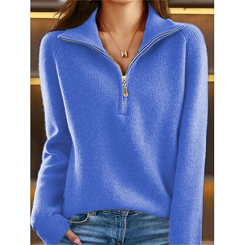 

Mujer Suéter de punto Puente Estriado Tejer Regular Cremallera Color sólido Cuello Camisero Elegante Casual Exterior Diario Otoño Invierno Azul Piscina Marrón M L XL