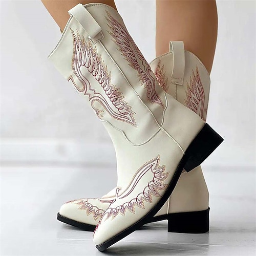 

Damen Stiefel Cowboy Westernstiefel Übergrössen Outdoor Täglich Stiefel mit mittlerer Wade Stickerei Blockabsatz Runde Zehe Brautkleider schlicht Industrieller Stil PU Halbschuhe Blumen Schwarz Beige