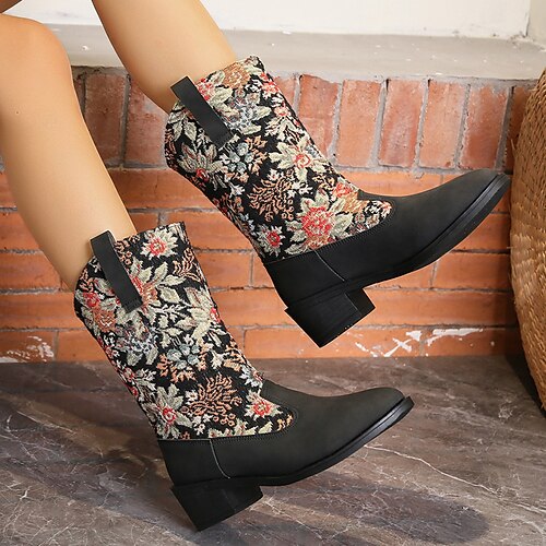 

Femme Bottes Bottes Cow boy Grandes Tailles Extérieur du quotidien Bottes mi-mollet Broderie Talon bloc Bout rond Rétro Vintage Elégant Marche Polyuréthane Mocassins Couleur unie Coloré Argent Marron