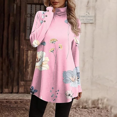 

Damen T Shirt Gelb Rosa Blau Blumen Bedruckt Langarm Festtage Wochenende Modisch Stehkragen Regular Fit Blume Farbe Frühling Herbst