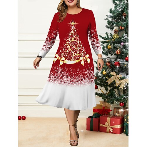 

Natal feminino plus size curva vestido casual vestido skatista vestido linha árvore de natal floco de neve vestido midi manga comprida estampa gola redonda moda ao ar livre vinho amarelo outono