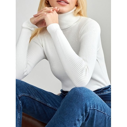 

Women's Pullover Sweater Jumper Turtleneck Ribbed Knit Polyester Thin Fall Winter Regular Daily Going out Weekend Stylish Casual Soft Long Sleeve Solid Color Black White Yellow One-Size