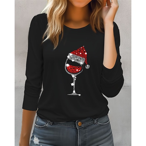 

Femme T shirt Tee Chemise de Noël Noir Rouge Gris Verre de vin Strass Imprimer manche longue Soirée Noël Fin de semaine Fête / Célébration Noël Col Rond Standard Peinture Printemps Automne