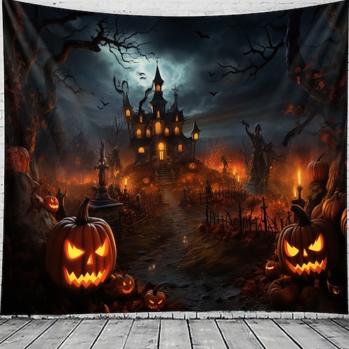  halloween dekorasjoner billedvev jack o lanterne gresskar dekor veggkunst stor hengende billedvev veggmaleri fotografi bakteppe teppe gardin hjem soverom stue flaggermus hjemsøkt hus kirkegård