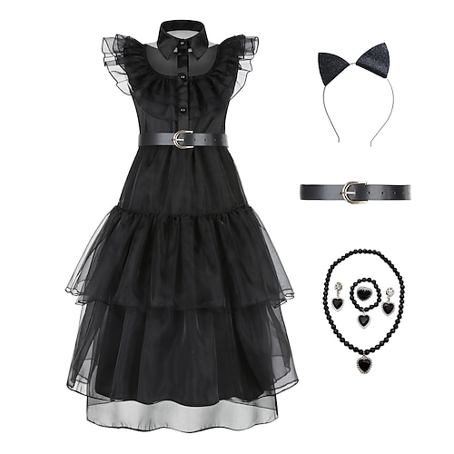 

Wednesday Addams Addams family Wednesday Dress Cosplay Costume Accessories Set Girls' Movie Cosplay Punk Gothic Adams black gauze skirt (children) Dress Earrings Necklace Halloween Masquerade